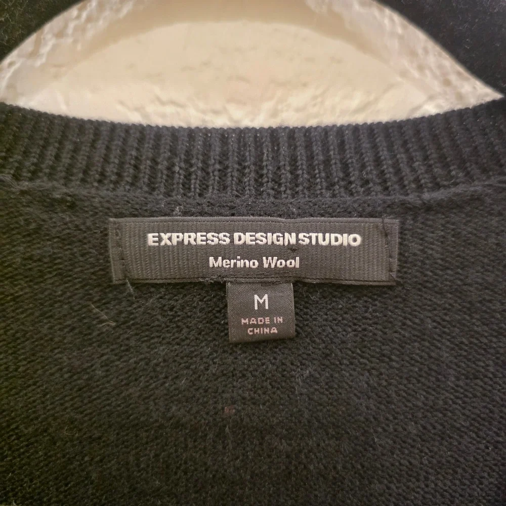 Express Design Studio Argyle Merino Wool V-Neck Sweater Mens M Black Preppy